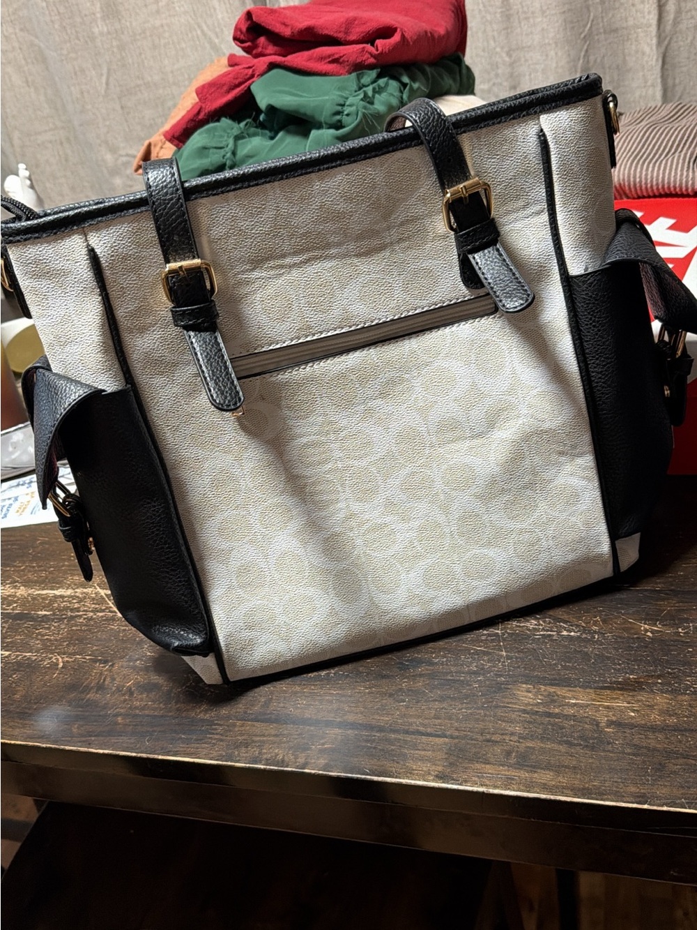 Ivory Canvas Tote with Black Trim and Pocket